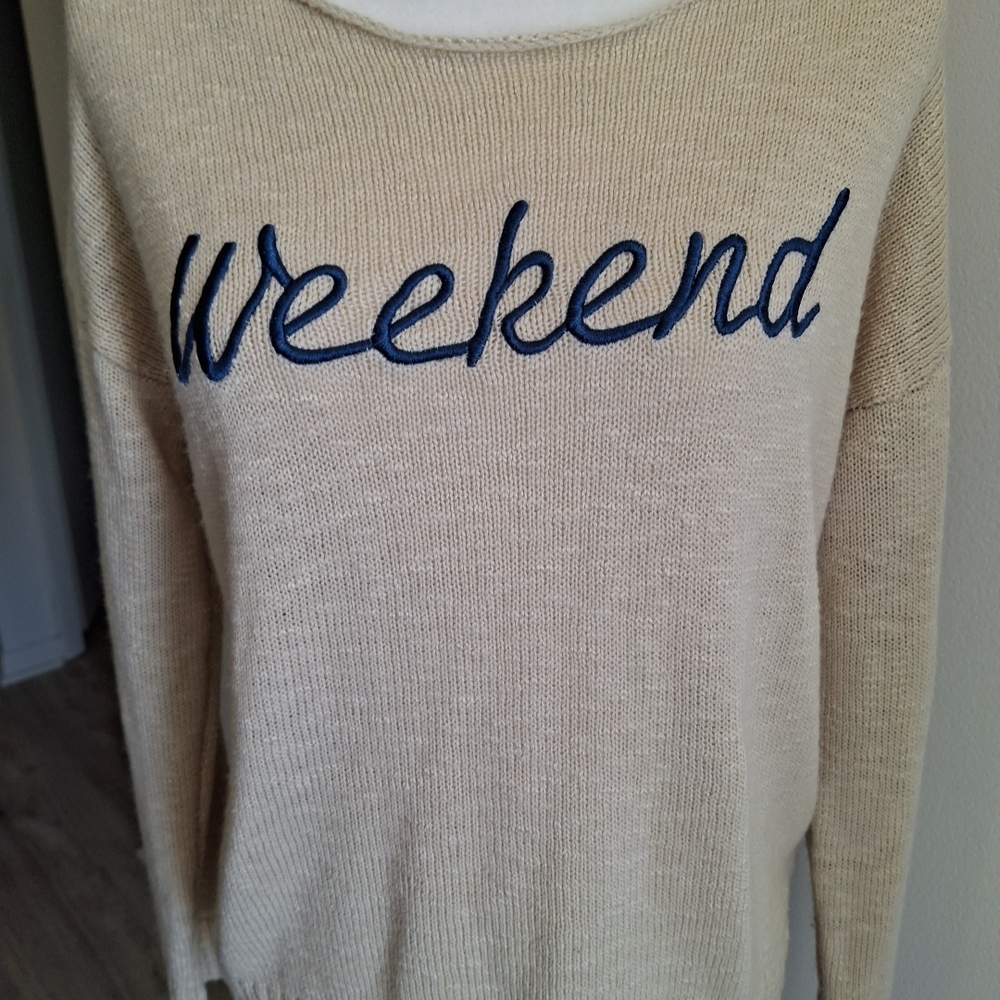 Casual Cream Sweater By Ham And Thread with 'Weekend' Script Size Medium